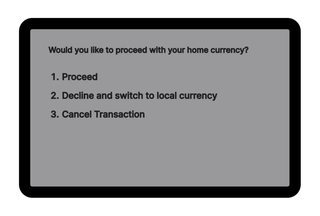 mock up of a POS screen UI that tries to trick you into accepting the Dynamic currency conversion rate scam
